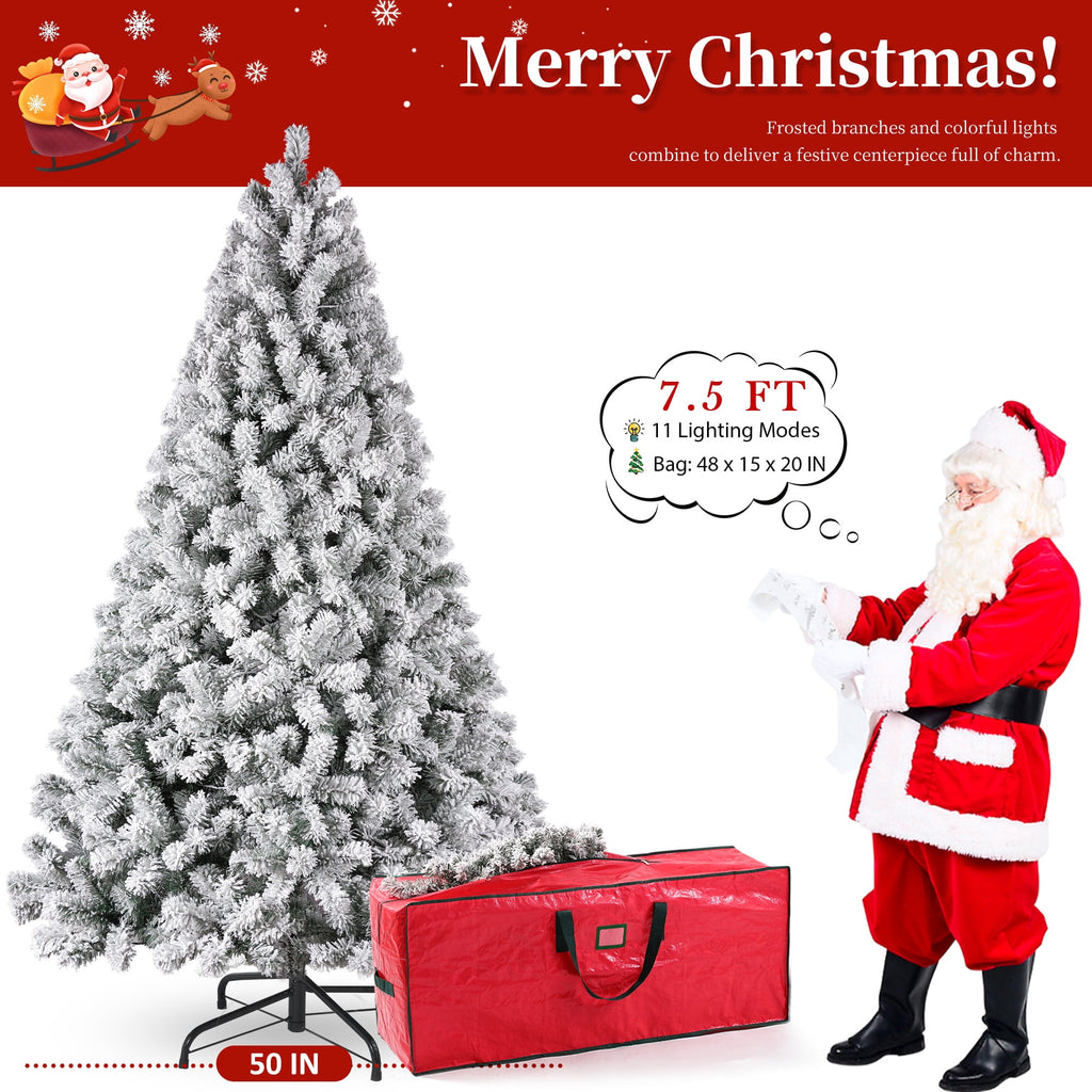 Yexmas 7.5FT Pre-Lit Snow Flocked Christmas Tree,Artificial White Christmas Tree with Large Christmas Tree Storage Bag,11 Modes Warm White & Multicolor LED Lights for Xmas Decoration