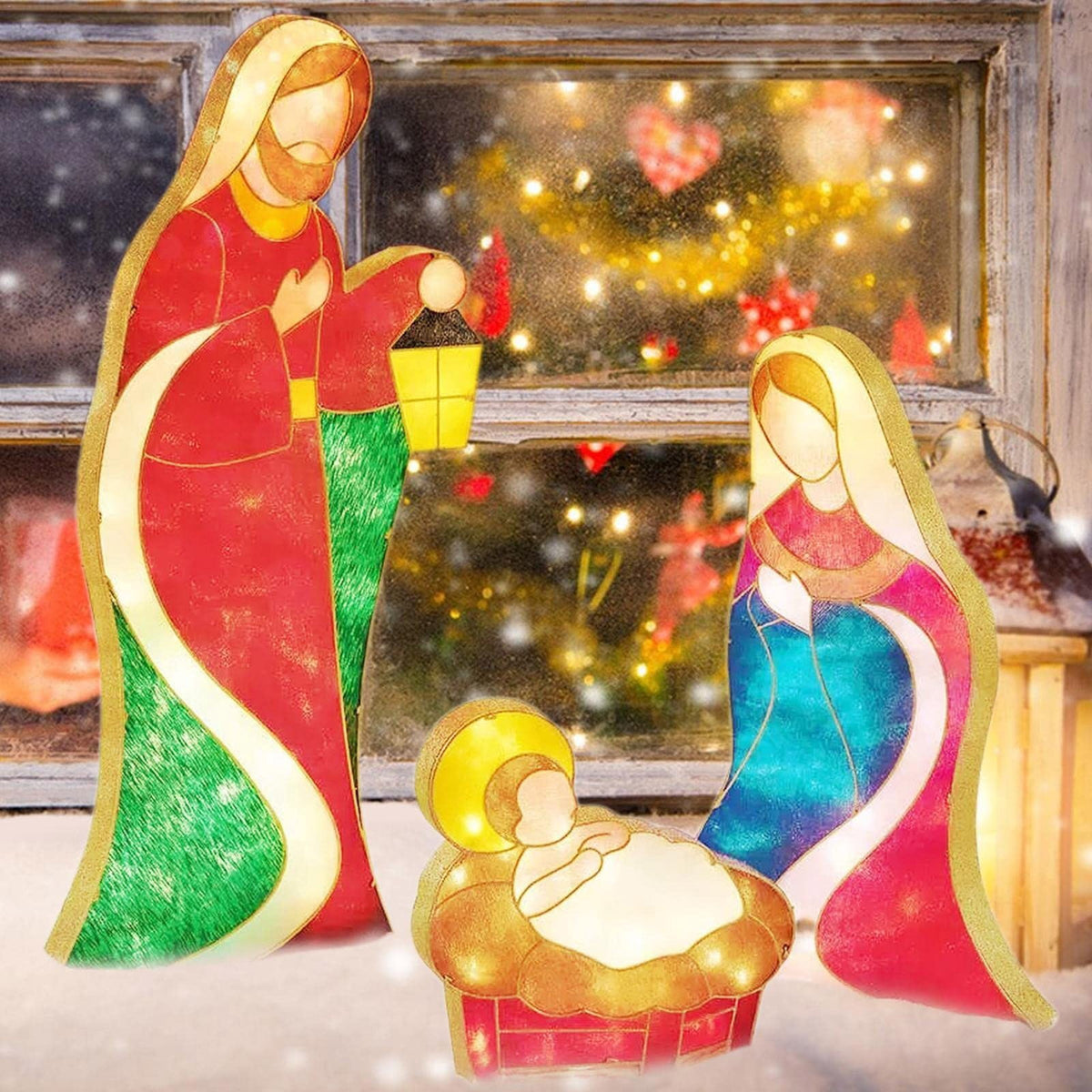 Mini Outdoor Lighted Nativity Scene Set, 9.06 -11. Inches Stained Acrylic Holy Family Decor, Easy Assemble Religious Christmas Yard Decoration for Garden Lawn