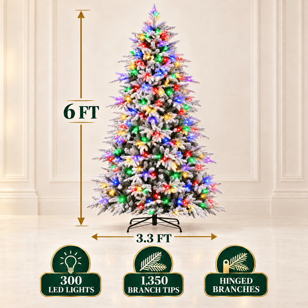Vebreda 6ft Pre-Lit Flocked Artificial Aspen Noble Fir Christmas Tree with 1,350 Branch Tips & 300 LED Lights, Hinged Artificial Holiday Tree with Metal Stand