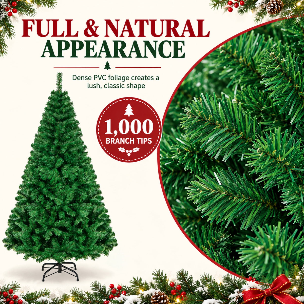 SUGIFT 6ft Artificial Christmas Tree with 1,000 Branch Tips, Hinged PVC Xmas Tree with Metal Stand, Green