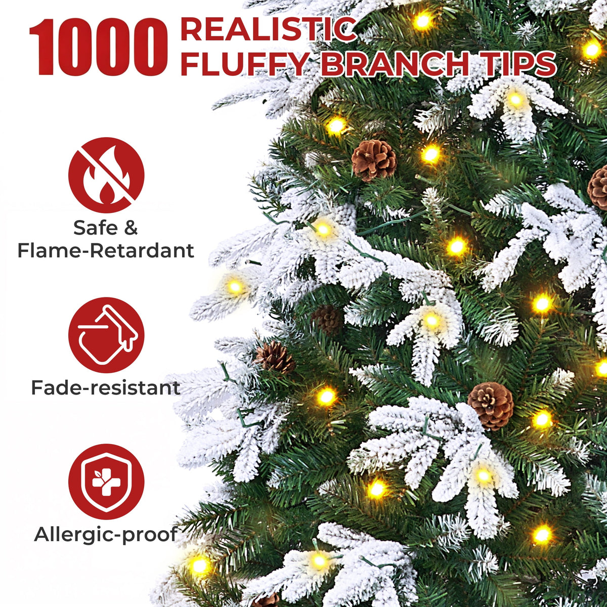 Firstness 6ft Artificial Christmas Tree with 1000 Branches and 250 LED Lights, Pre-Lit Flocked Xmas Tree,11 Lighting Modes,Pine Cones