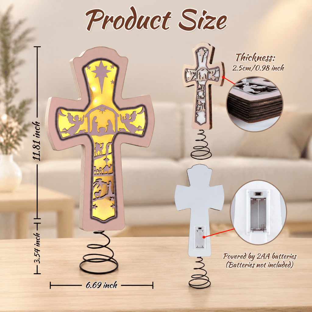 Lighted Christmas Tree Topper Wooden Nativity Cross Scene with Hollow Silhouette Glow for Holiday Decor