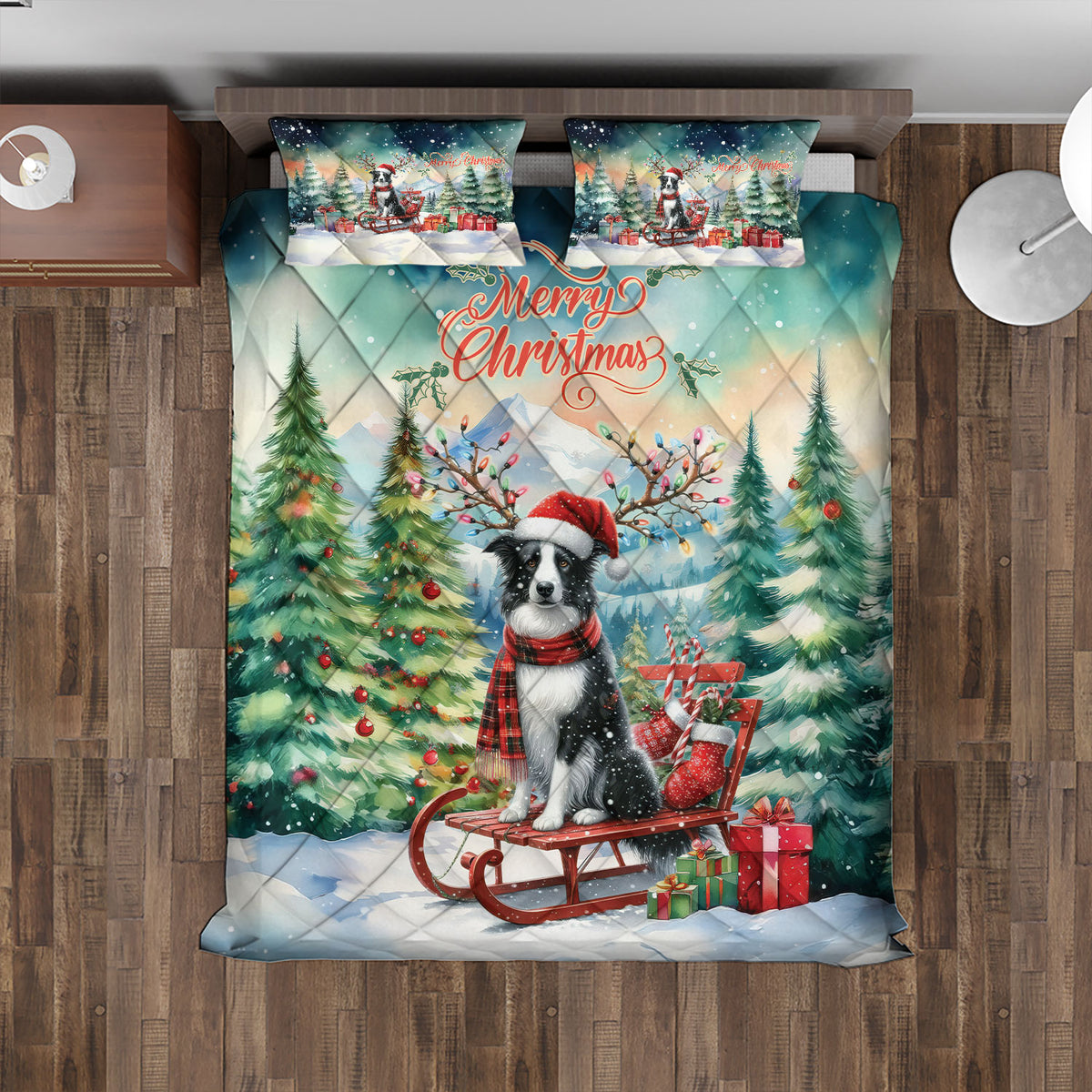 Merry Christmas Santa Reindeer Antlers French Bulldog Sleigh Xmas Winter Holiday Quilt Bedding Set Dog Lover Gifts 1 Blanket Bed Cover 2 Pillowcases - 00023
