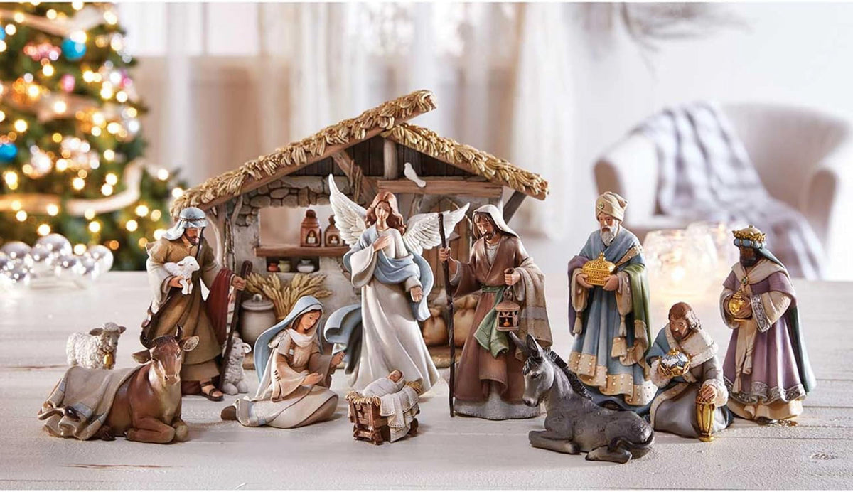 Christian Brands Bethlehem Nights Christmas Nativity Scene with Creche 12 Piece Set