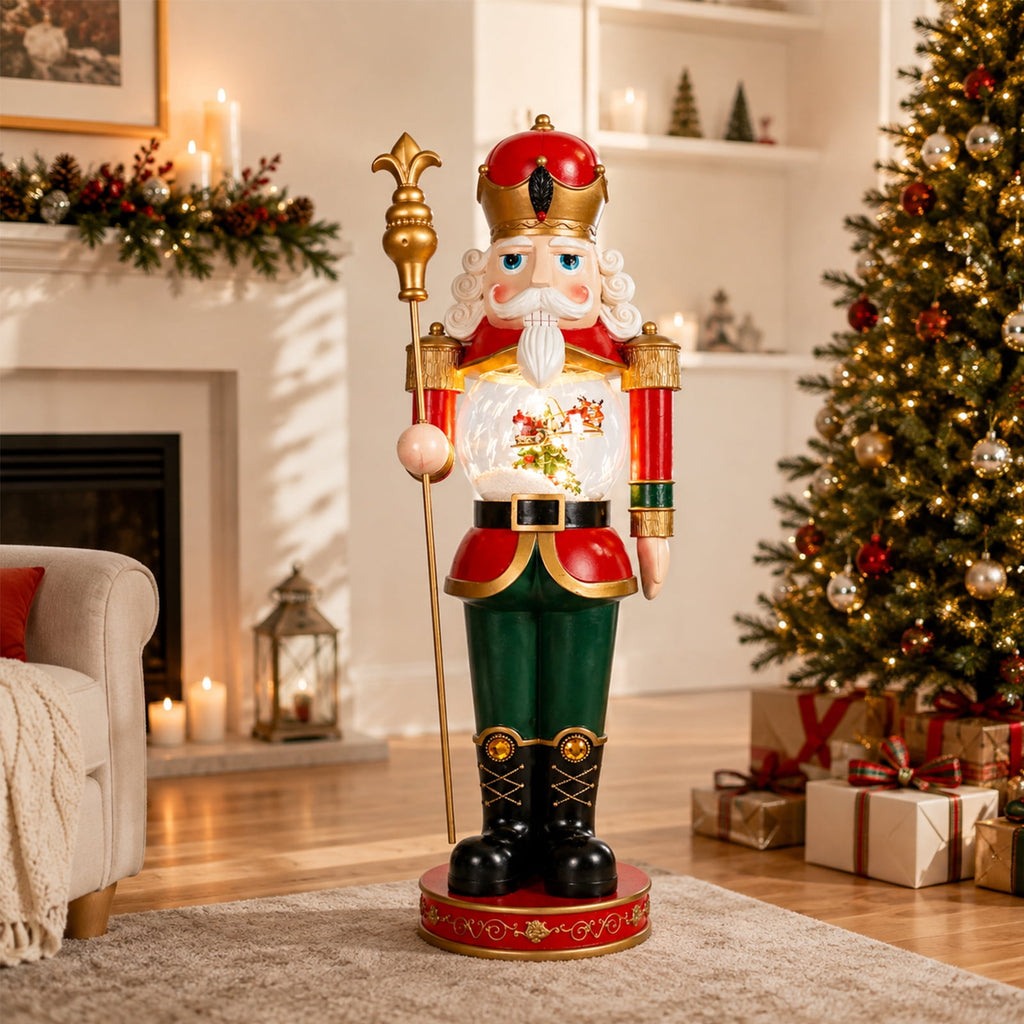 Large Christmas Nutcracker-Christmas Tree Autorotation Elk Santa Claus,King electric tabletop ornament, a sturdy wooden nutcracker King with snow global built-in rotating flying deer for home deco