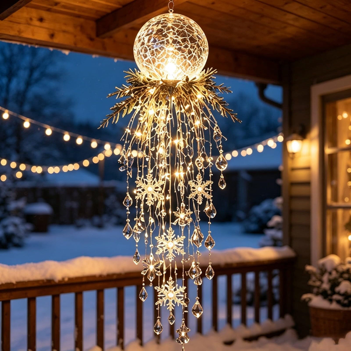 Crystal Cascade Christmas Light - Hanging Snowflake & Crystal LED Porch Decor(Blue light ball)