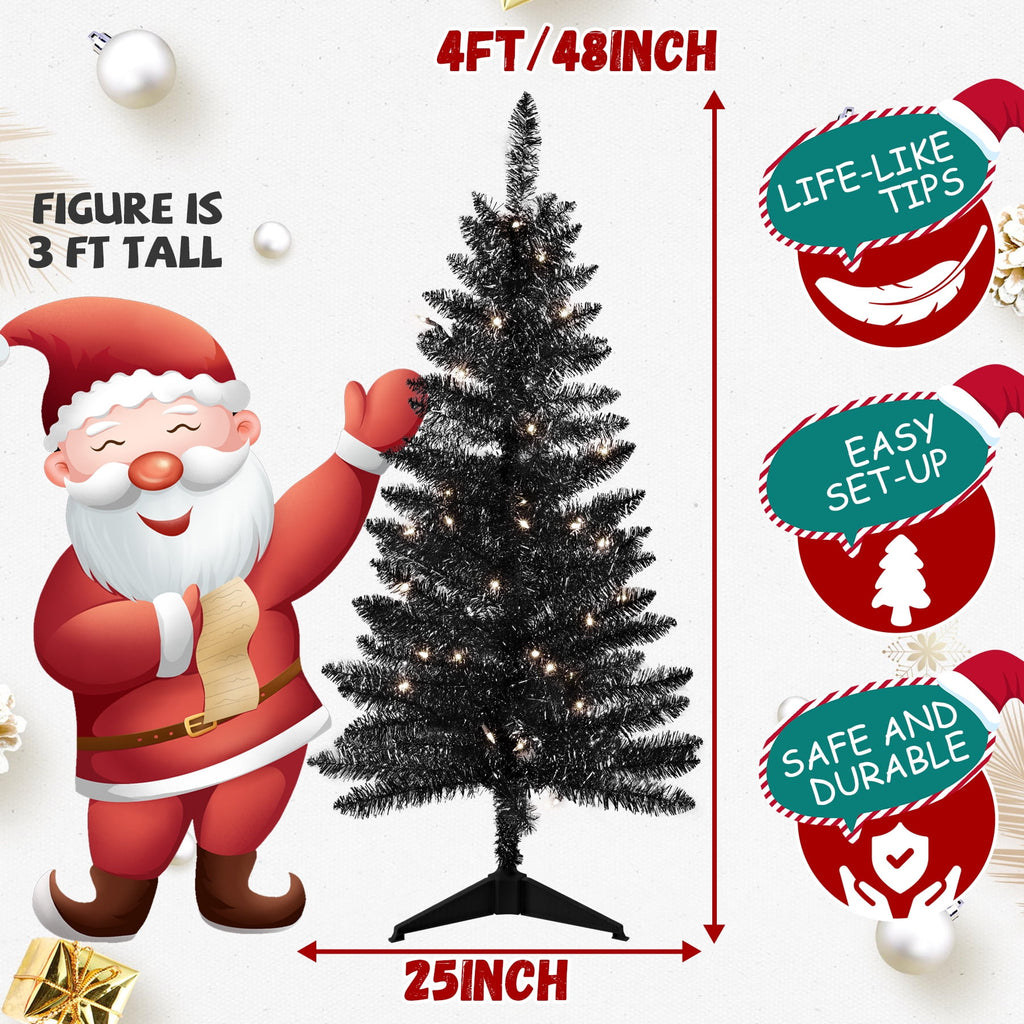 Bringstar 4FT Silver Artificial Christmas Tree with 50 String Lights, Mini Tinsel Tree, Not Pre-Lit, for Halloween & Holiday Home & Office Décor