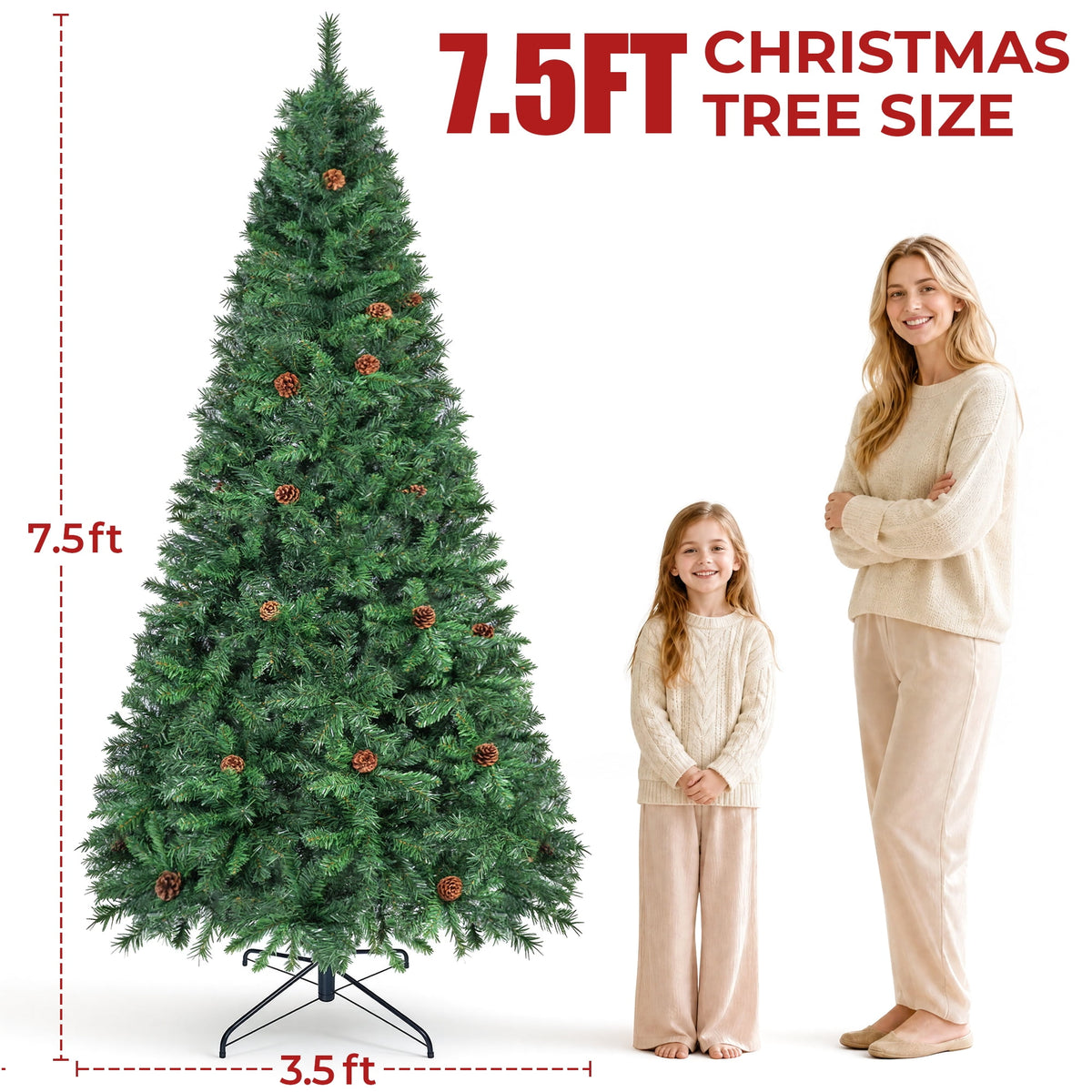 Firstness 6ft Pre-Lit Christmas Tree with 925 Branch Tips, Green Artificial Xmas Tree with Pine Cones, 8 Lighting Modes