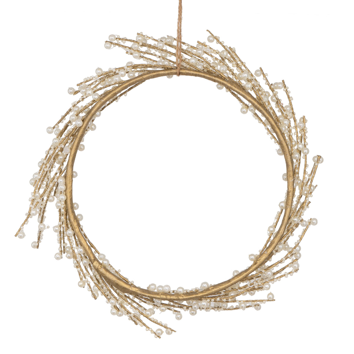 My Texas House Pearl Beaded Christmas Wreath, White and Gold, 12"