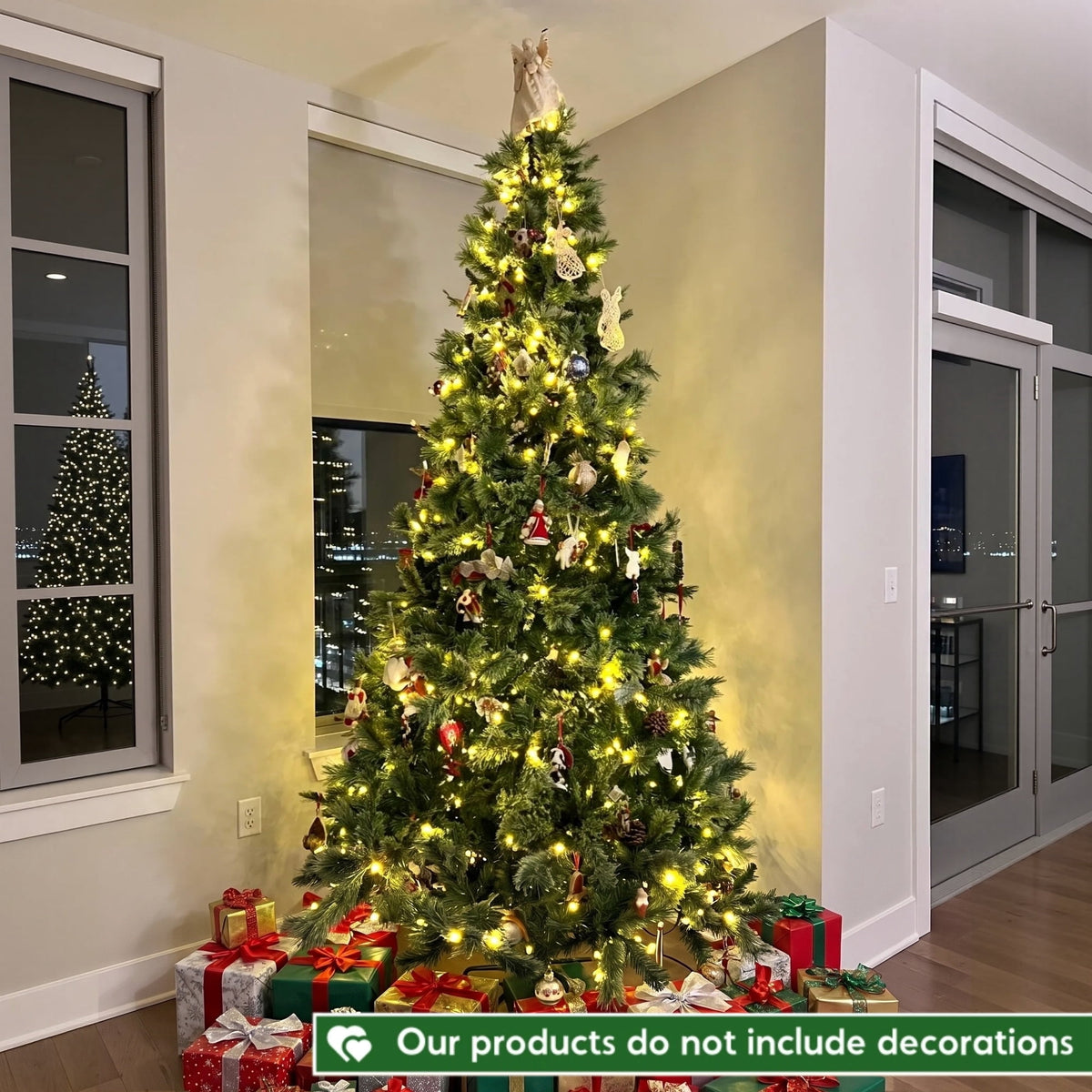 TLSUNNY 8ft Pre-lit Artificial Christmas Tree, W/ 1000 Branche Tips, 450 LED Warm Lights, Fluffy Snow Flocked Pine Tree, Metal Stand Hinged Xmas Tree for Party Holiday Decor