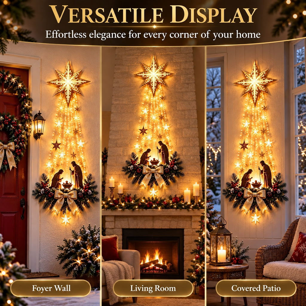 Bethlehem Star of Faith Lighted Nativity Wall Decor with Warm LED Lights, Christmas Decorations