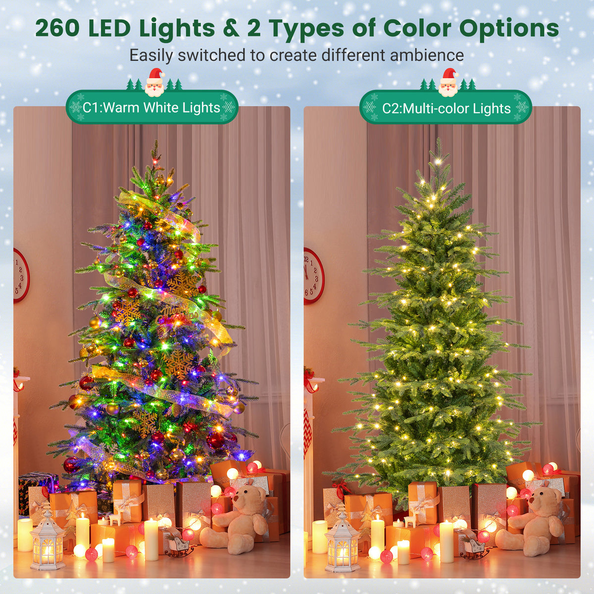 Topbuy 9 FT Pre-lit Artificial Christmas Tree Hinged Xmas Tree with 1770 Branch Tips 560 Multicolored & Warm White LED Lights