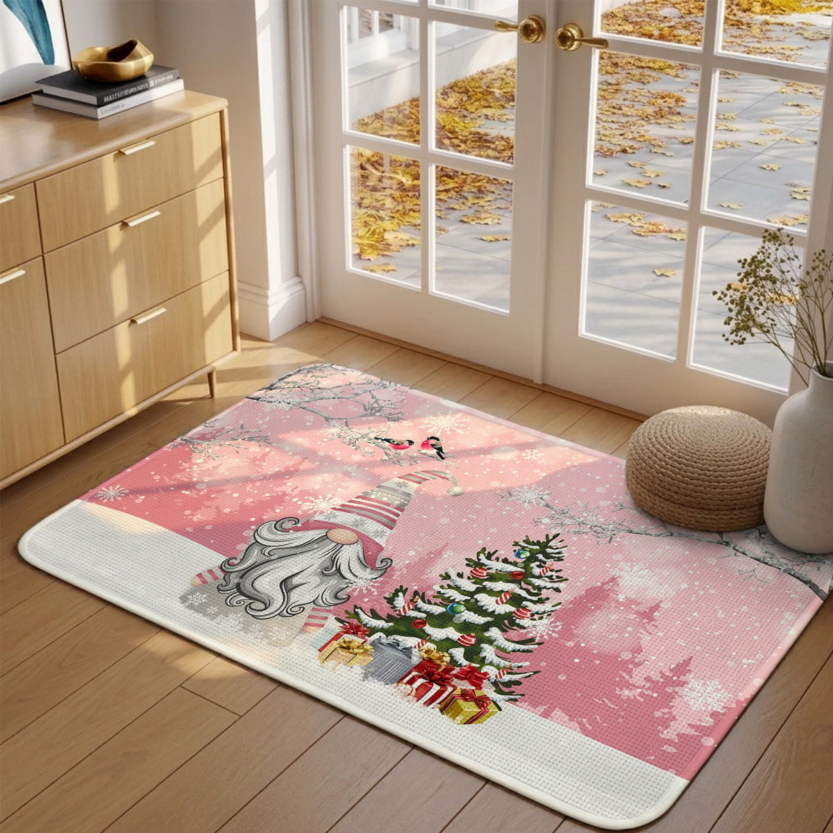 Pink Gnomes Christmas Washable Area Rugs for Living Room Bedroom, Large Non Slip Indoor Floor Carpet Absorbent Xmas Tree Gifts Winter Snowflake Birds Door Mat Rugs for Bathroom Entryway 47.2"x63"