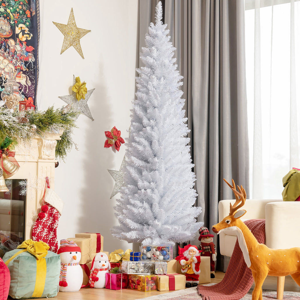 Costway 6ft Unlit Artificial Slim Pencil Christmas Tree with Metal Stand White