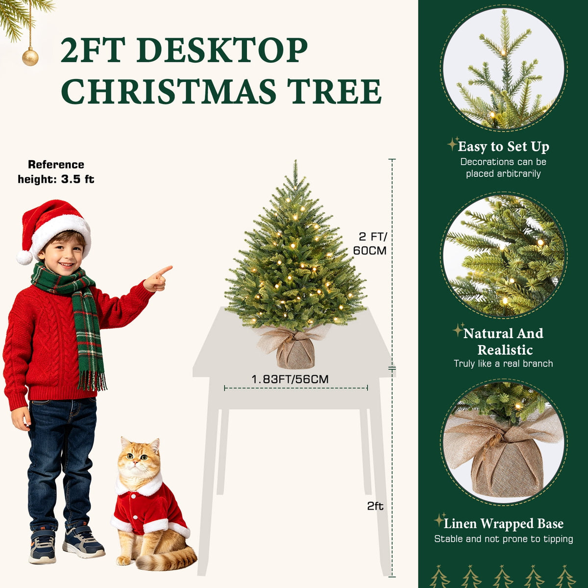 Lolsea 2ft Prelit Artificial Small Mini Christmas Tree with Color LED Lights, Remote Control and Timer, Perfect for Xmas Tabletop Decorations