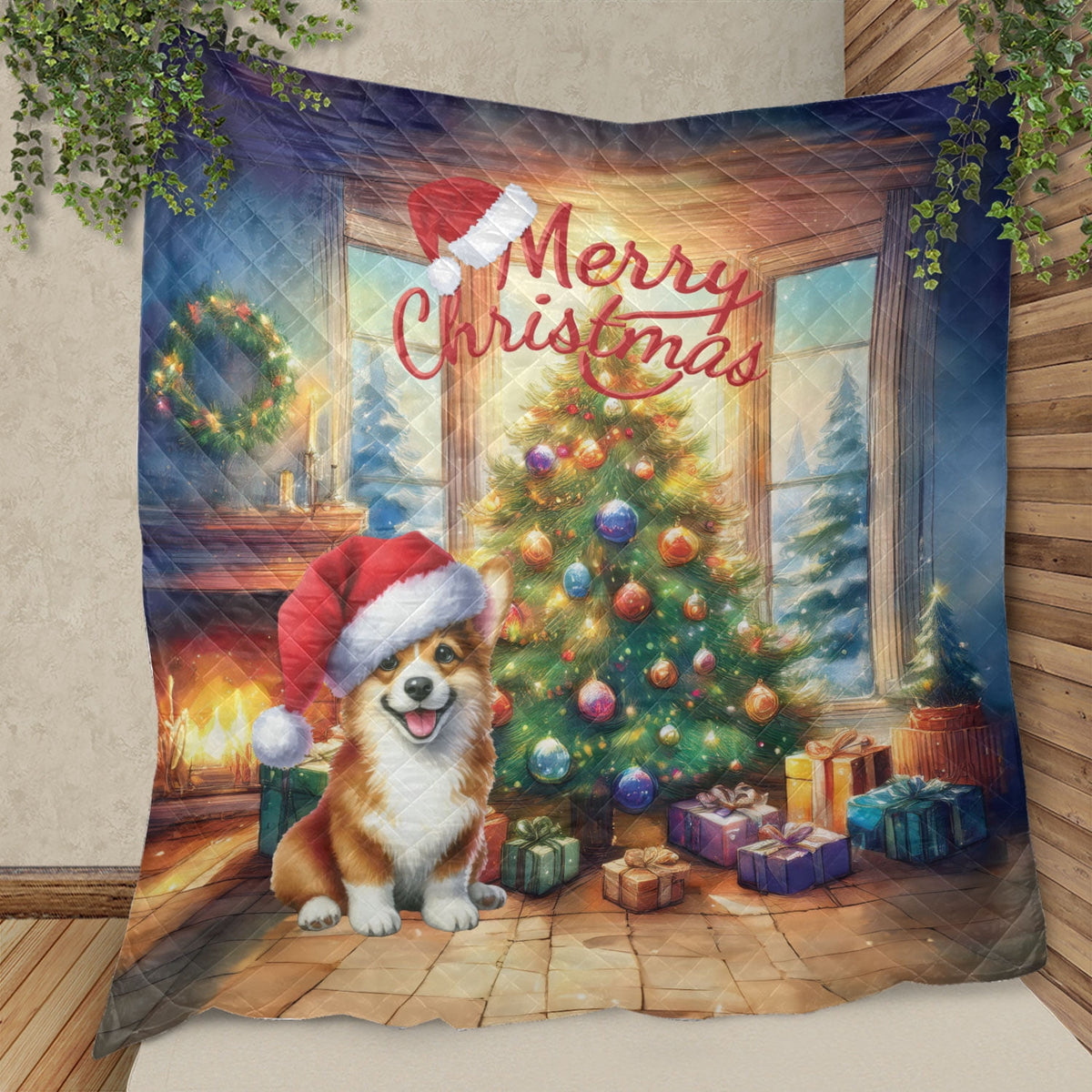 Merry Christmas French Bulldog Santa Hat Xmas Tree Winter Holiday Quilt Bedding Set Dog Lover Gifts 1 Blanket Bed Cover 2 Pillowcases - 01013