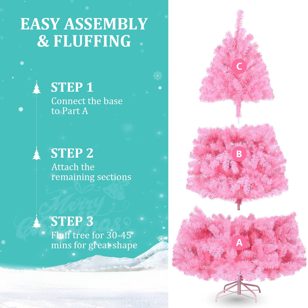 Funcid 6ft Pink Artificial Christmas Tree, Hinged Spruce Full Tree with 1477 Branch Tips, Foldable Metal Stand, New PVC Material, Xmas Tree for Indoor and Outdoor Decoration