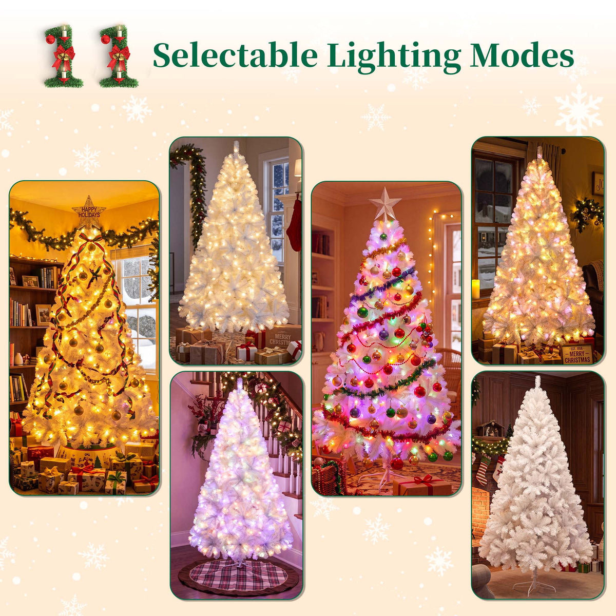 Yexmas Pre-Lit Artificial Christmas Tree,6ft White Christmas Tree with 300 Warm White & Multicolor Lights,Xmas Tree for Home, Holiday Party Decorations