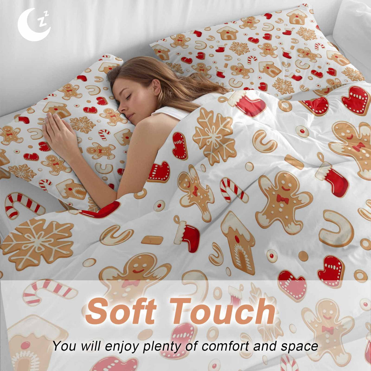 Christmas Gingerbread Man Bedding Duvet Cover Set Twin Size 4 Pieces Winter Snowflake Food White Bedding Set with Zipper Closure, 1 Comforter Cover 68x90 Inches 1 Flat Sheet & 2 Pillow Cases
