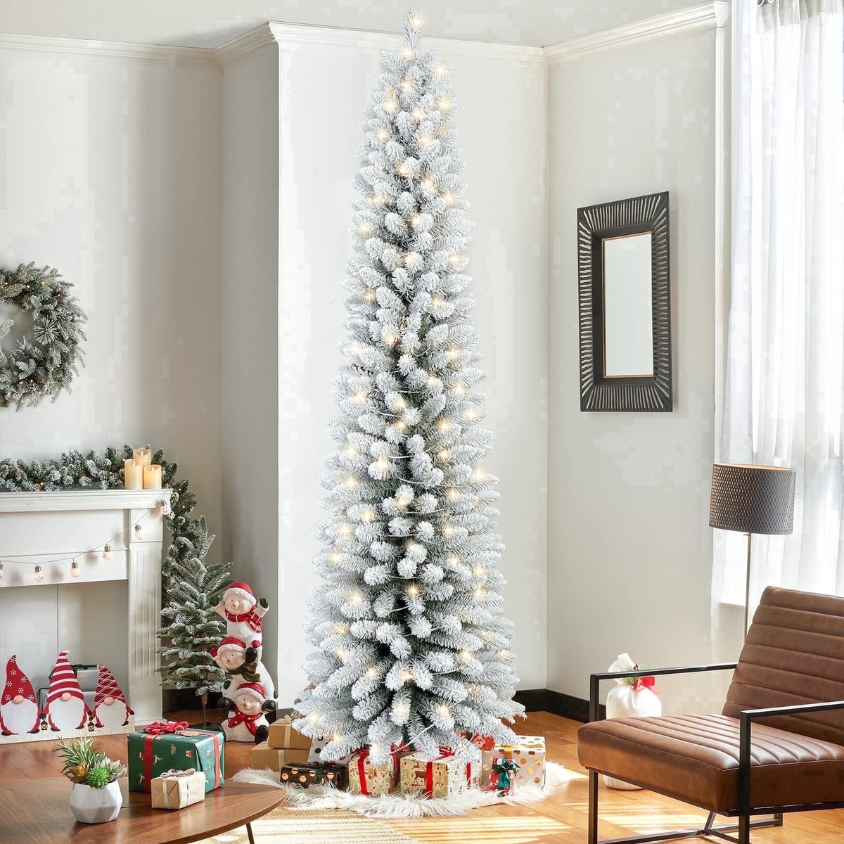 Makeatree 6 ft Pre-Lit Pencil Christmas Tree, Green Slim Skinny Spruce Xmas tree Holiday Decoration with 150 LED Lights, Metal Hinges & Foldable Base