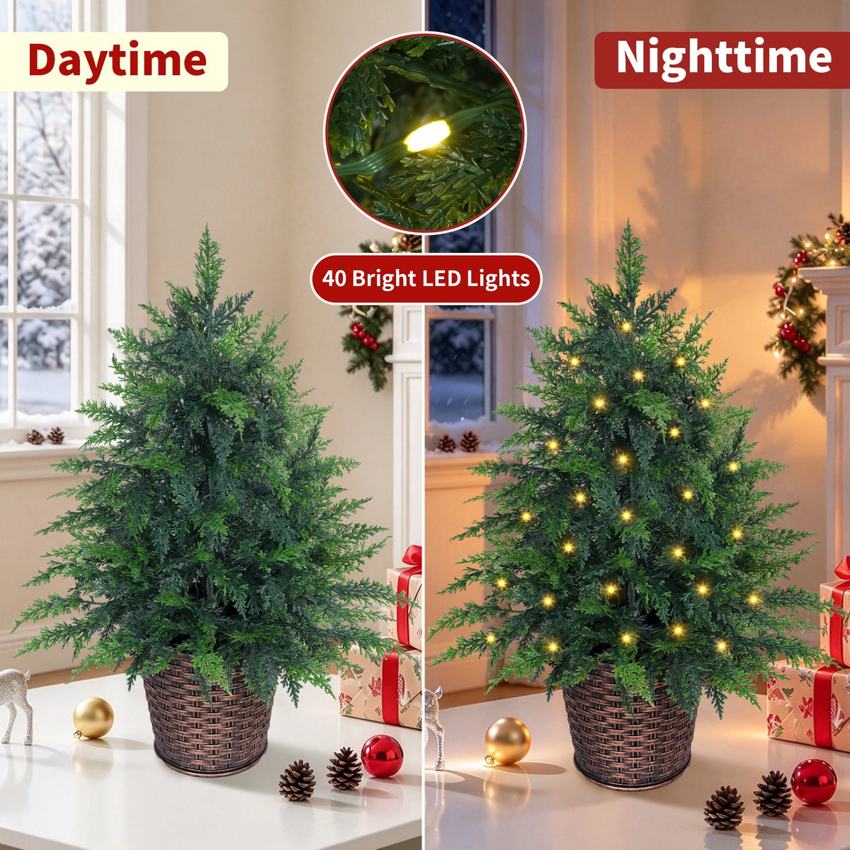 Firstness 4Ft Pre-Lit Potted Christmas Trees with 8 Lighting Modes, PE Cypress Artificial Tree for Porch Entryway Indoor Outdoor Decor