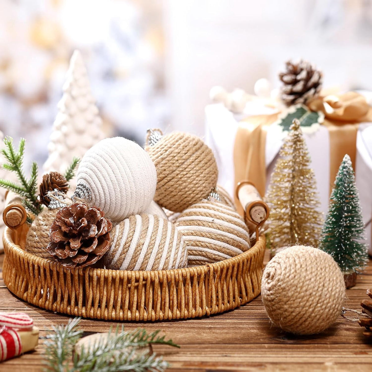 9Pcs 9 Pcs 2.36 Inch Christmas Ball Ornaments Farmhouse Jute Rope Hanging Balls Burlap Neutral Rustic Ornaments for Xmas Tree Holiday Wreath Garland Wedding Home(White,Beige,Dark Brown)