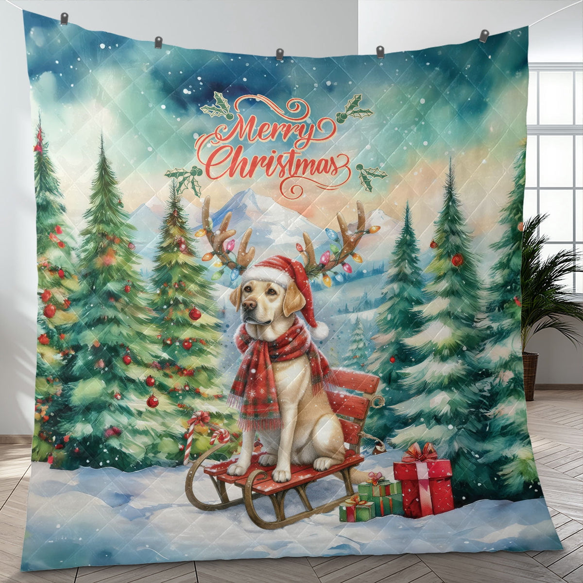 Merry Christmas Santa Reindeer Antlers French Bulldog Sleigh Xmas Winter Holiday Quilt Bedding Set Dog Lover Gifts 1 Blanket Bed Cover 2 Pillowcases - 00023