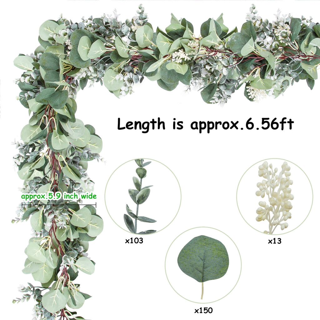 Scidweet Christmas Eucalyptus Garland, 2 Pcs 6.56 FT Artificial Greenery Garland Silver Dollar Leaves Boxwood Vines with White Buds for Home Wedding Party Table Mantle Xmas Decor