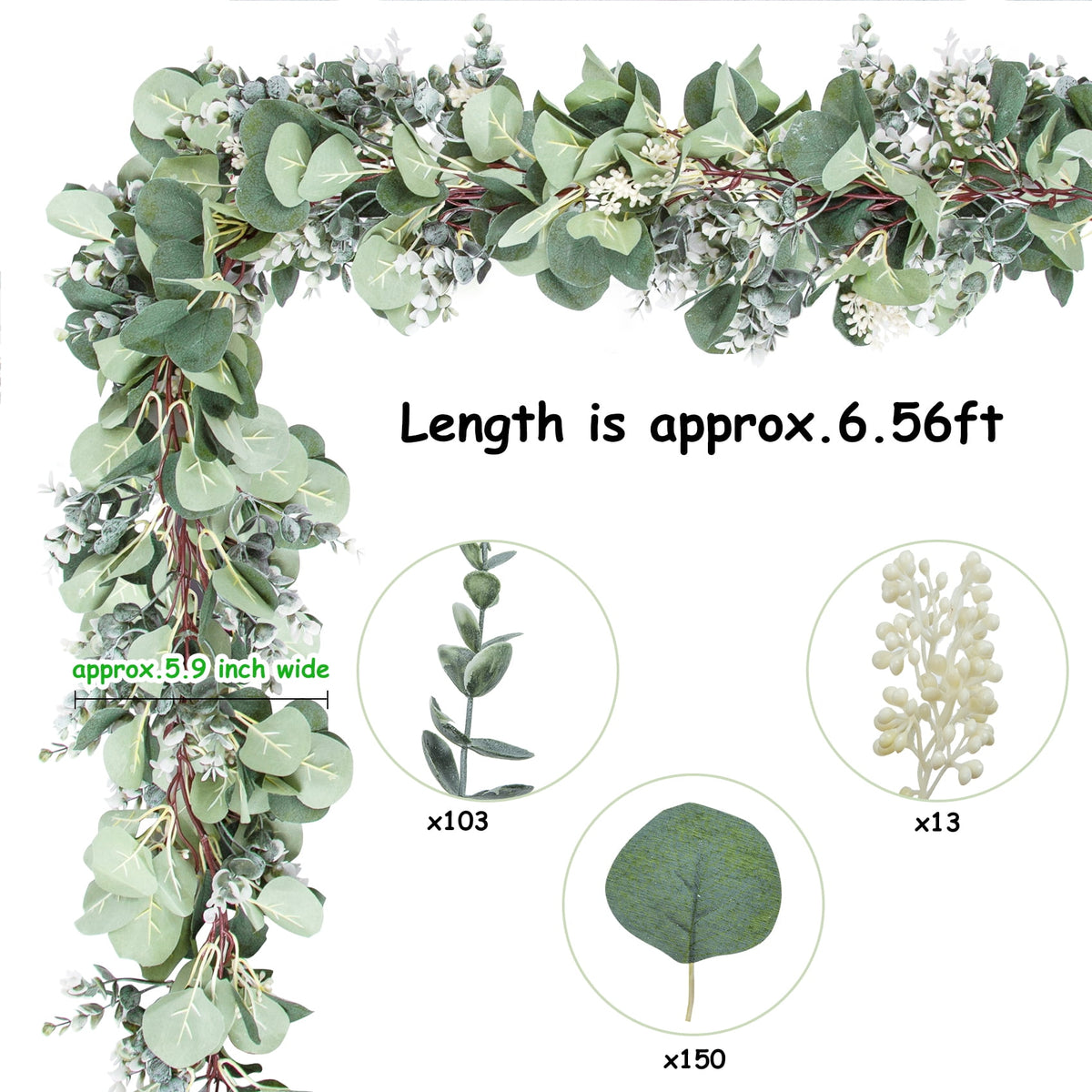 Scidweet Christmas Eucalyptus Garland, 2 Pcs 6.56 FT Artificial Greenery Garland Silver Dollar Leaves Boxwood Vines with White Buds for Home Wedding Party Table Mantle Xmas Decor