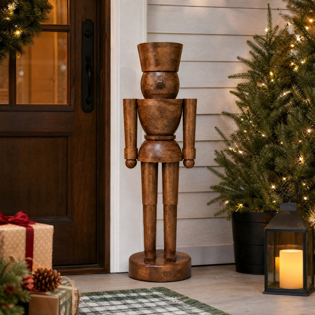 Wood Nutcracker Christmas Decoration, Brown, 36 Inch Drummer Nutcracker Figurine, Large Rustic Floor Standing Christmas Decor for Farmhouse Entryway Mantel Home