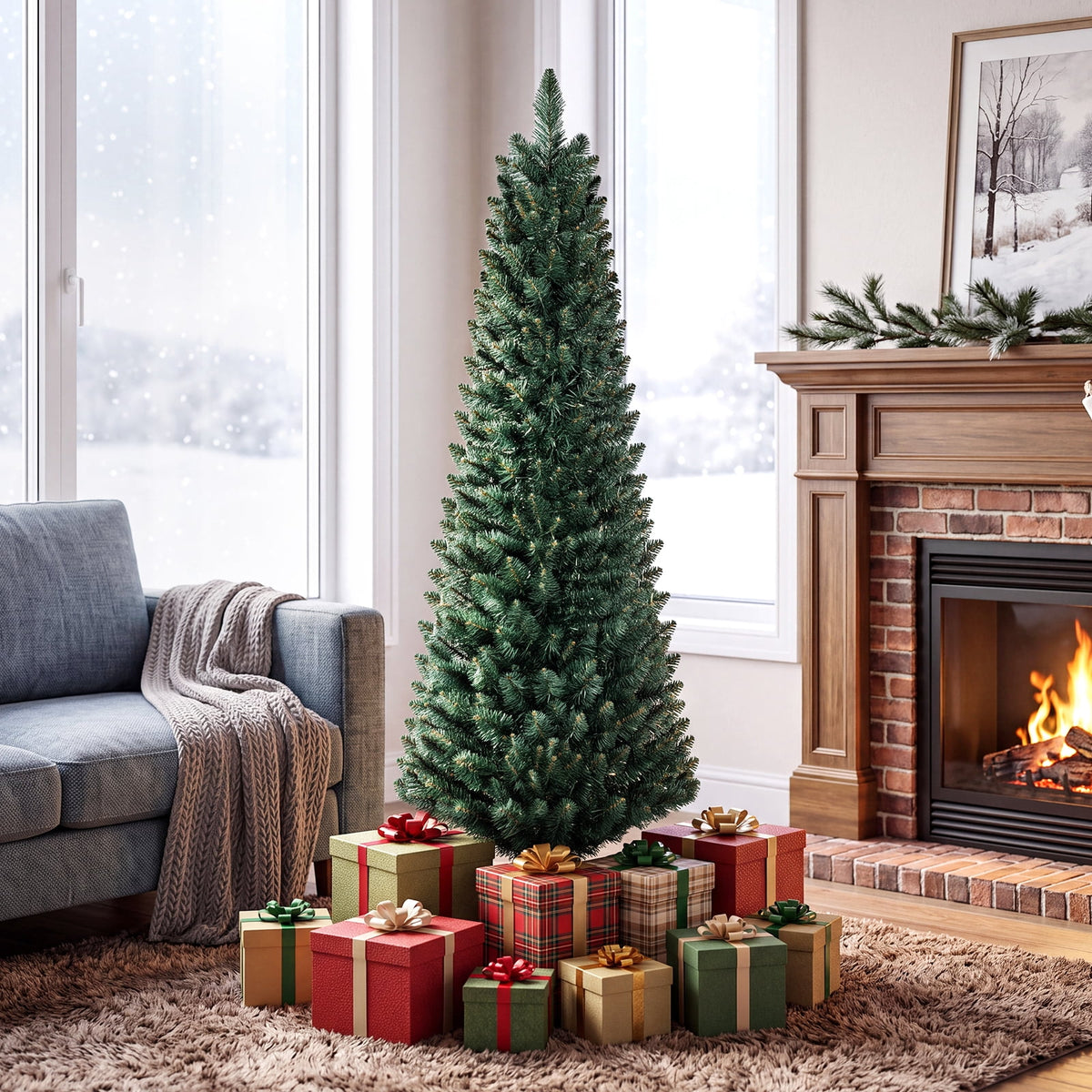 Costway 5Ft PVC Artificial Pencil Christmas Tree Slim Stand Green