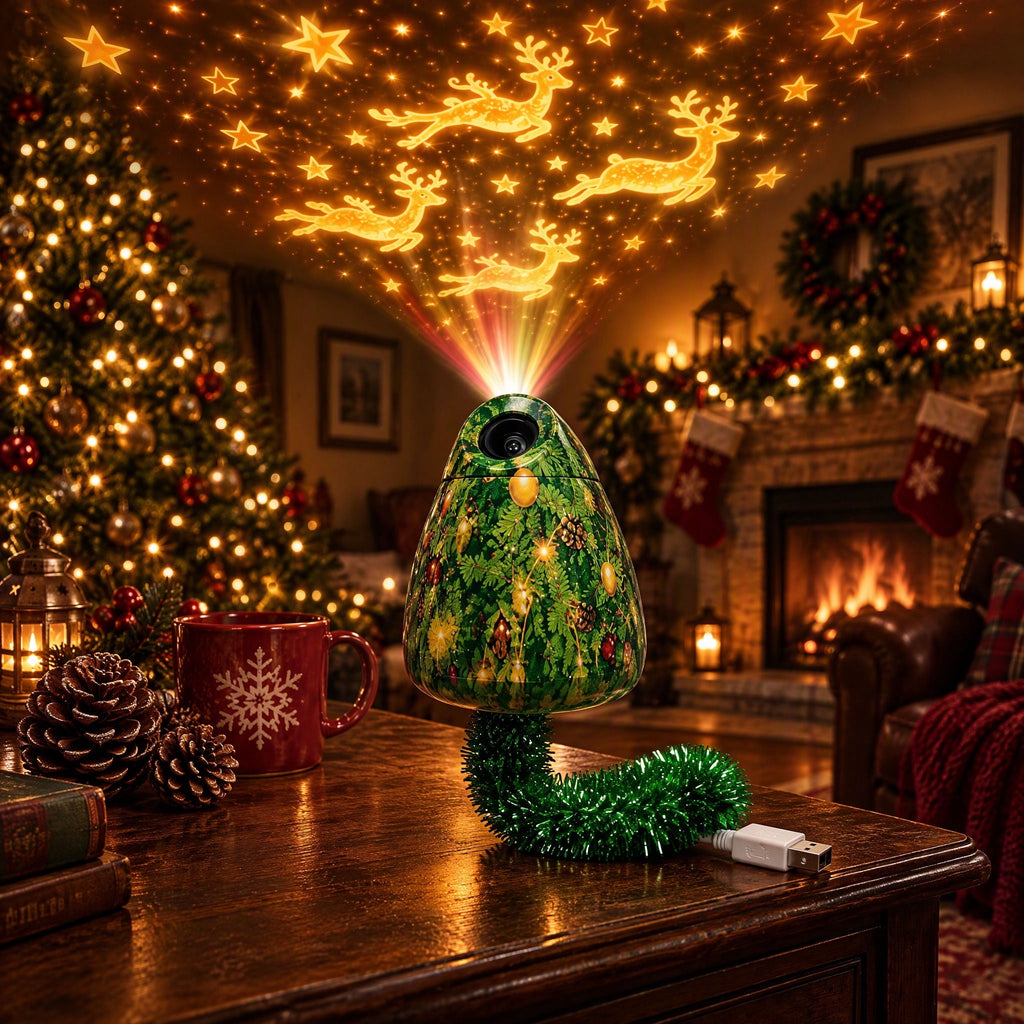 Magical Christmas Projection Night Light, USB Powered Holiday Projector with Festive Wall and Ceiling Effects for Bedroom, Living Room and Christmas Party Ambiance