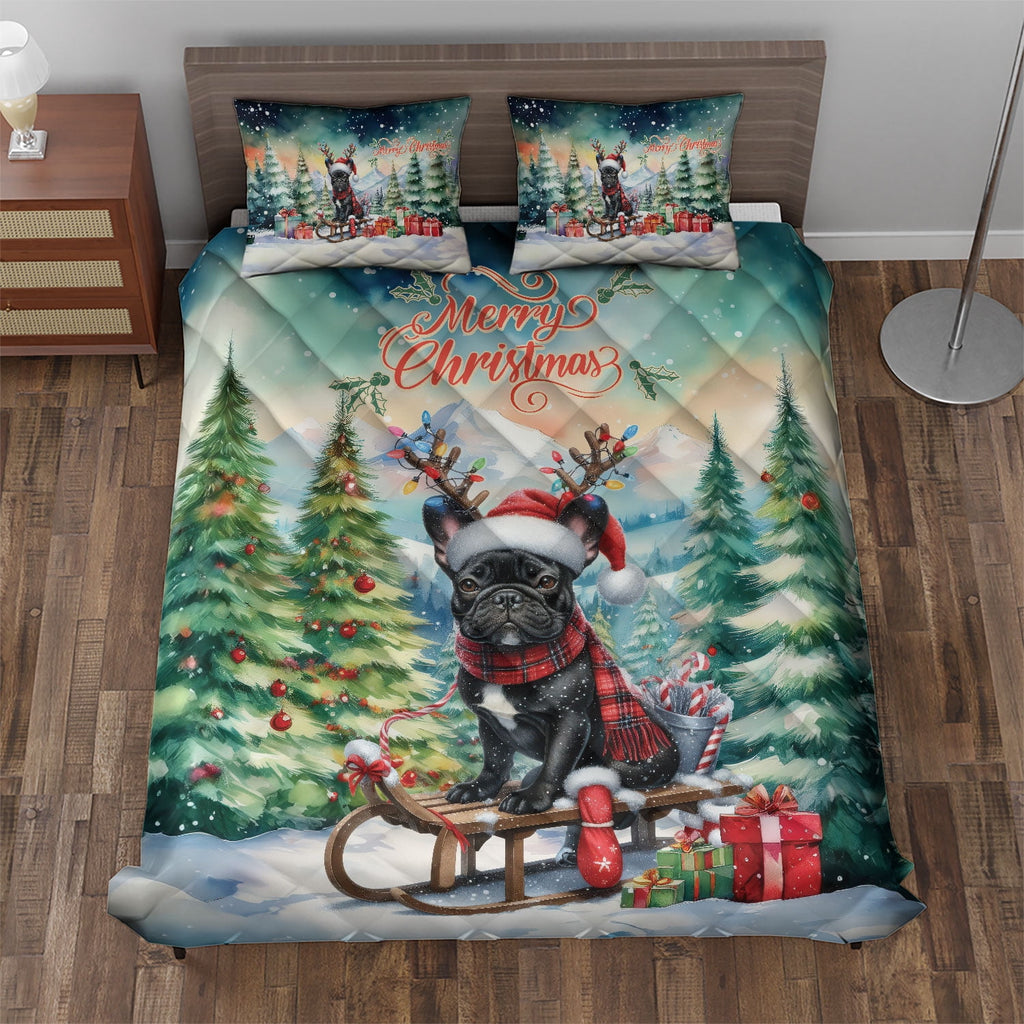 Merry Christmas Santa Reindeer Antlers French Bulldog Sleigh Xmas Winter Holiday Quilt Bedding Set Dog Lover Gifts 1 Blanket Bed Cover 2 Pillowcases - 00023