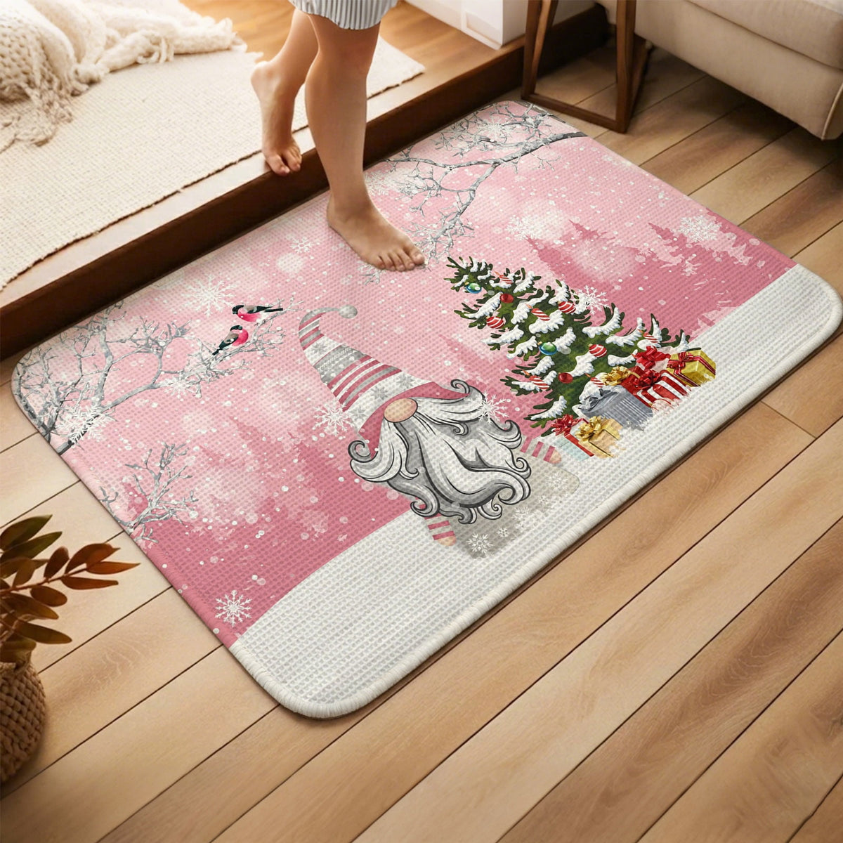 Pink Gnomes Christmas Washable Area Rugs for Living Room Bedroom, Large Non Slip Indoor Floor Carpet Absorbent Xmas Tree Gifts Winter Snowflake Birds Door Mat Rugs for Bathroom Entryway 47.2"x63"