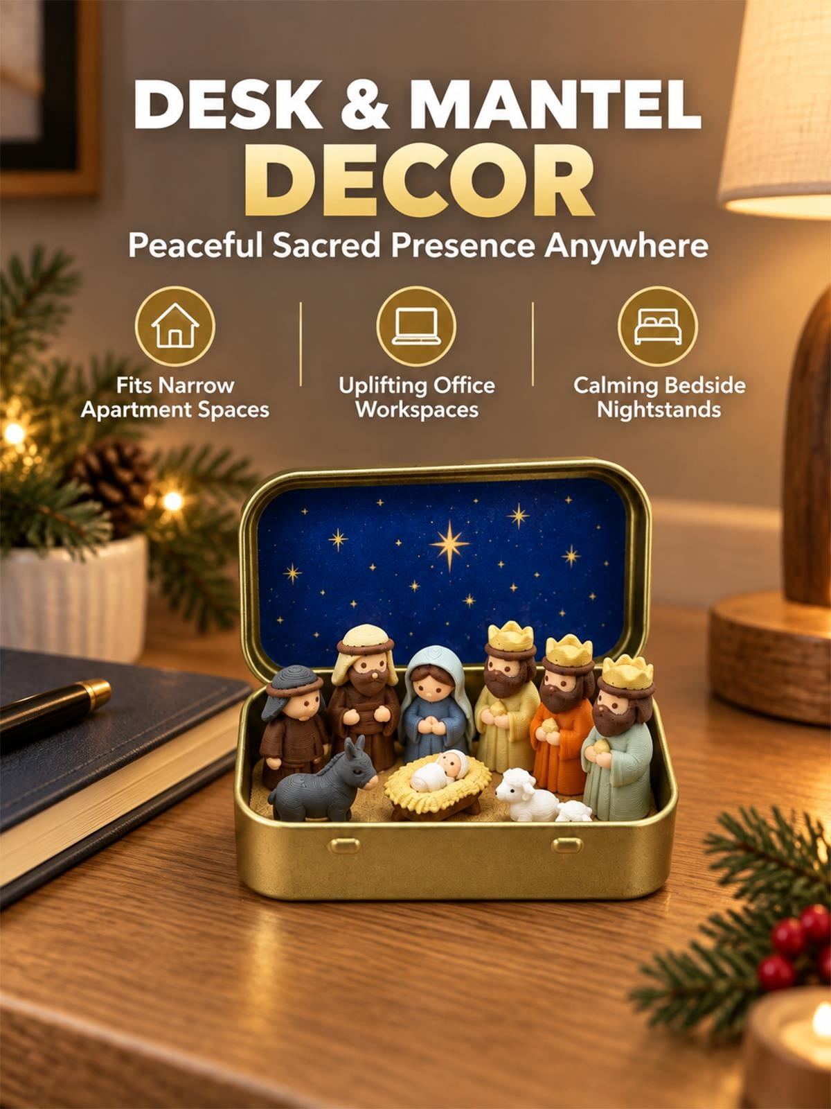 Nativity Set Scene 3D Printed Outdoor Pocket Size Holy Family Figurines Christmas in a Tin Box Decor Gift