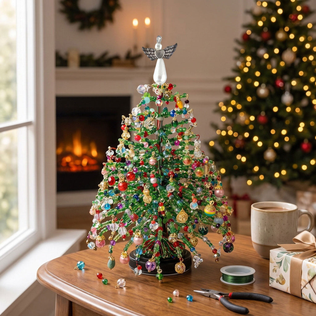 DIY Beaded Christmas Tree Kit - Handmade Mini Tabletop Xmas Tree with Santa Topper, Built-In Warm Lights, Holiday Decor Craft Gift for Adults