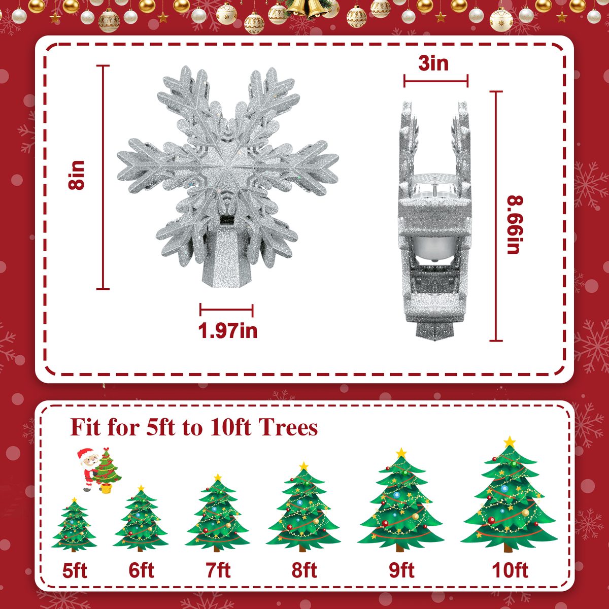 Christmas Tree Topper Lighted with Snowflake Projector, LED Rotating Magic Snowflake, 3D Hollow Glitter Lighted Snow Tree Toppers for Christmas Party Holiday Indoor Decor, Sliver