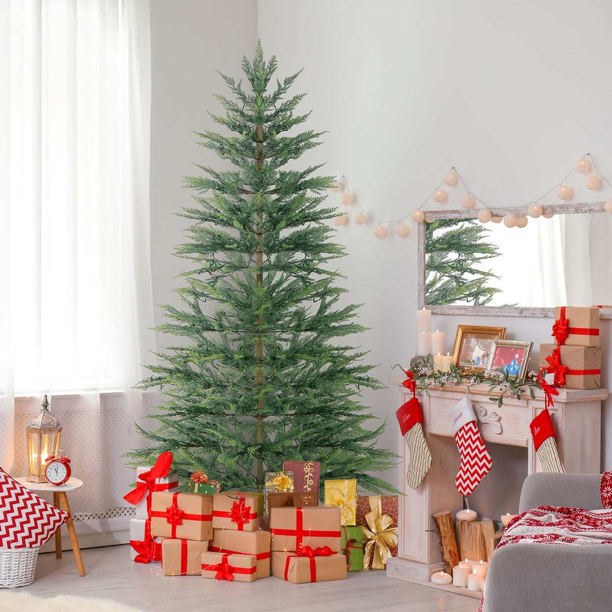 Topbuy 6.5 FT Artificial Cypress Christmas Tree Pre-lit Hinged Xmas Tree with 430 Warm White LED Lights 470 Highly Simulated Branch Tips