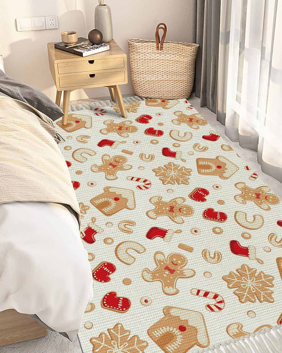 Christmas Area Rug 3x5ft Woven Runner Rug,Gingerbread Merry Xmas Snowflakes Holiday Washable Living Room Hallway Bedroom Kitchen Carpet with Tassels,Indoor Outdoor Throw Door Mat for Entryway