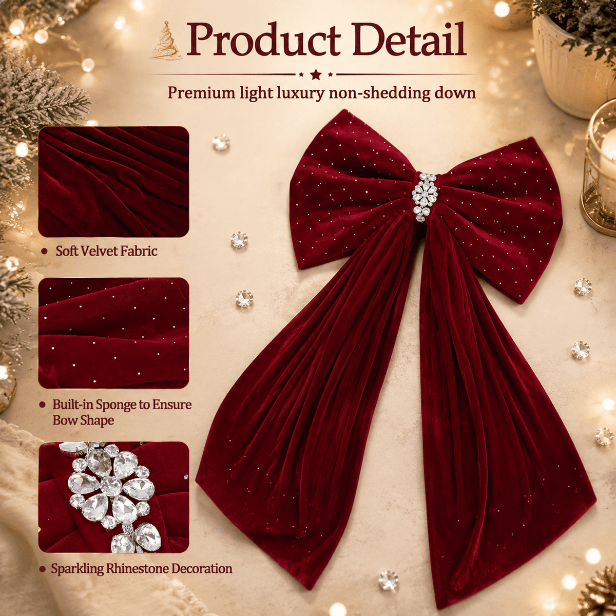 79x20 Inch Oversized Christmas Tree Topper Bow Burgundy Rhinestone Decor