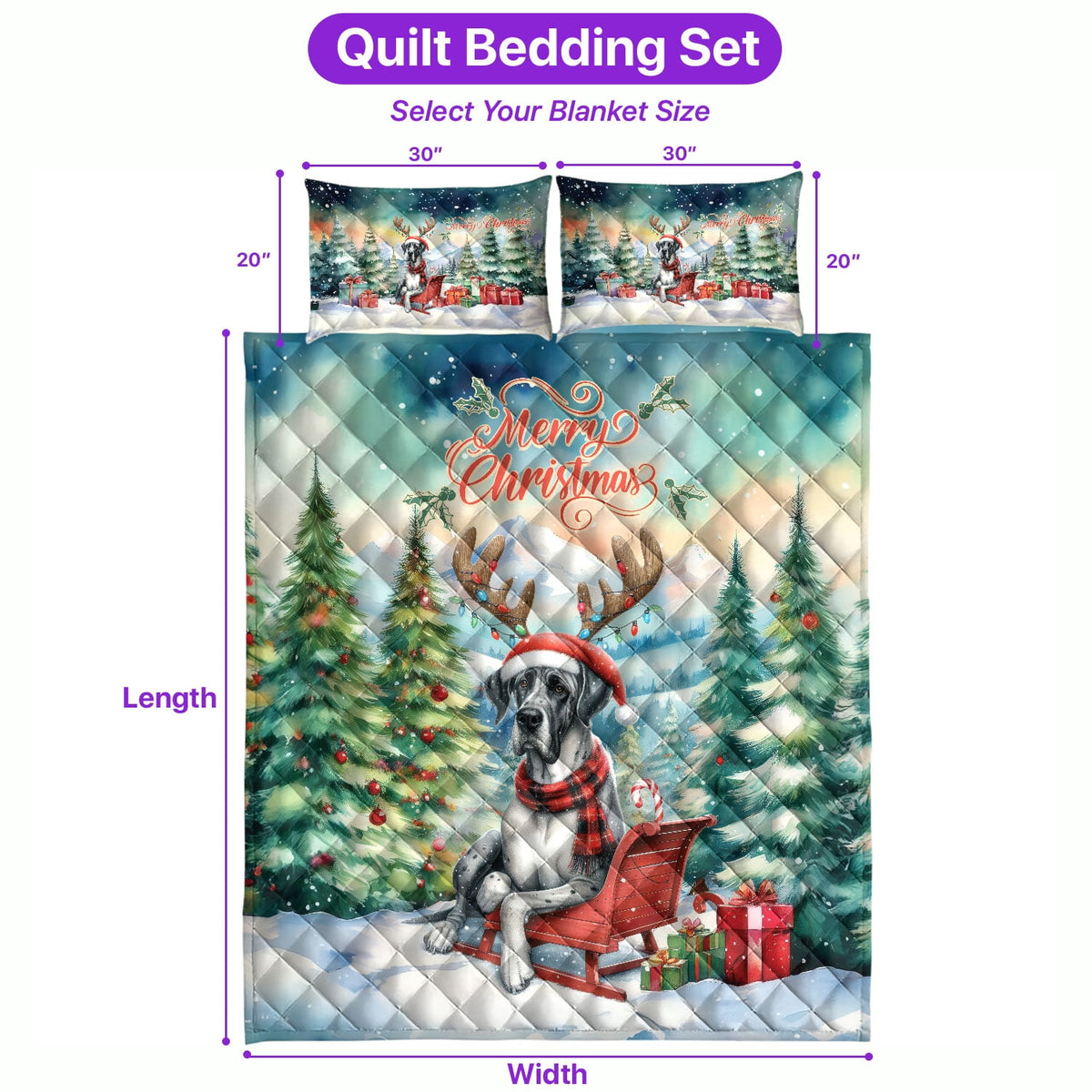 Merry Christmas Santa Reindeer Antlers French Bulldog Sleigh Xmas Winter Holiday Quilt Bedding Set Dog Lover Gifts 1 Blanket Bed Cover 2 Pillowcases - 00023
