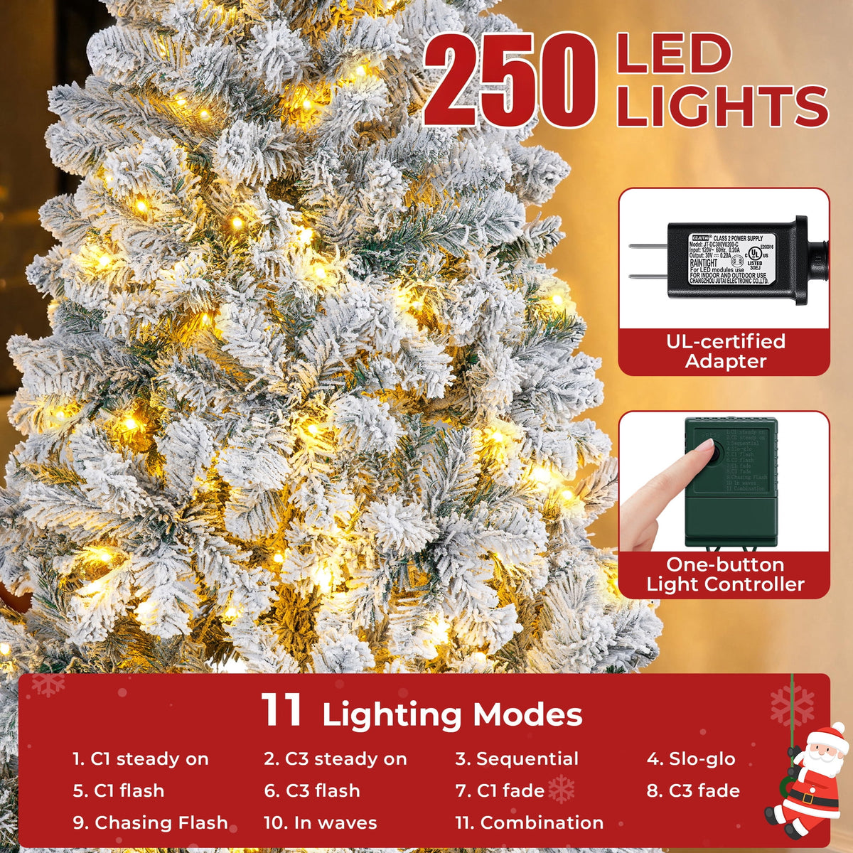Firstness 6ft Pre-Lit Artificial Christmas Tree with 925 Branches,11 lighting Mode Snow Flocked Xmas Tree with Storage Bag