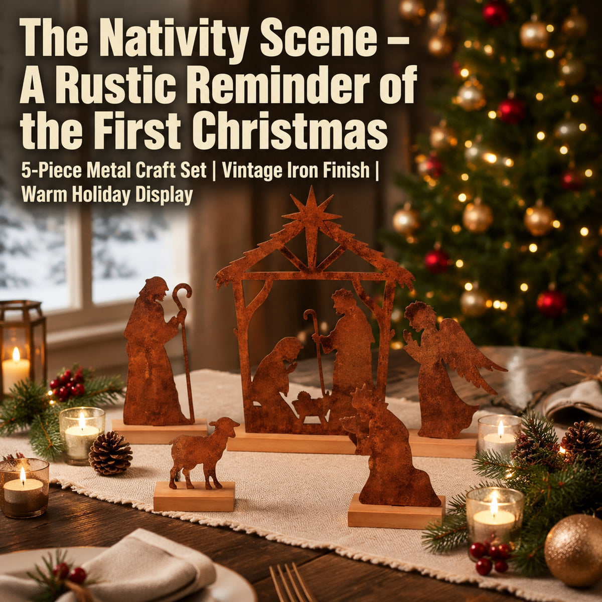 DIFELOP Christmas Table Decoration, Rustic Metal Nativity Scene with Wooden Base, 8-Piece Iron Craft Set for Home Decor, Vintage Style, Brown