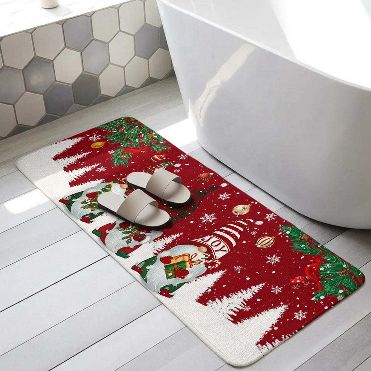 Hallway Runner Rug 31.5"x78.7",Christmas Gnomes Absorbent Non Slip Indoor Outdoor Carpet,Red Joy Pine Branches Cardinal Birds Low Profile Runner Rugs for Corridor Kitchen Laundry Room Entryway
