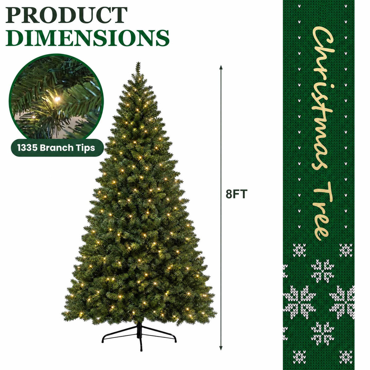 DAYBETTER 8ft Artificial Christmas Tree, 500 Warm White Lights & 1335 Branch Tips, Includes Metal Stand, Indoor/Outdoor Xmas Holiday Decor