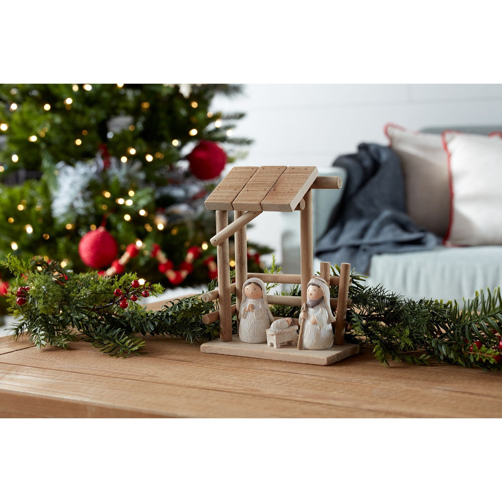 Melrose Holy Family with Creche, 9-inch Height, Wood and Resin