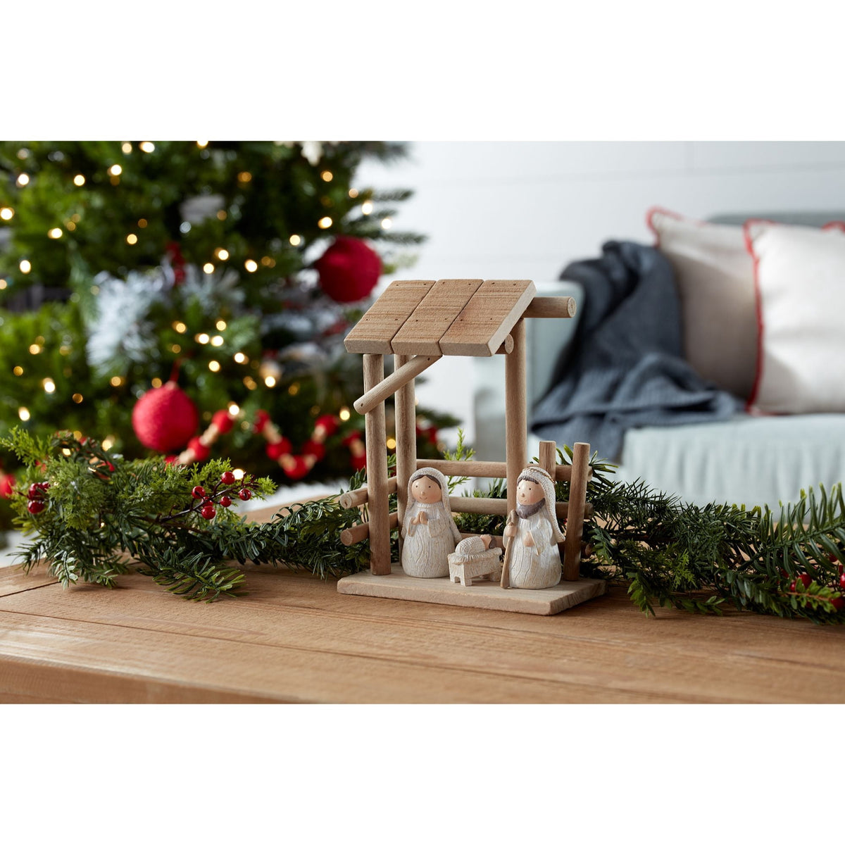 Melrose Holy Family with Creche, 9-inch Height, Wood and Resin