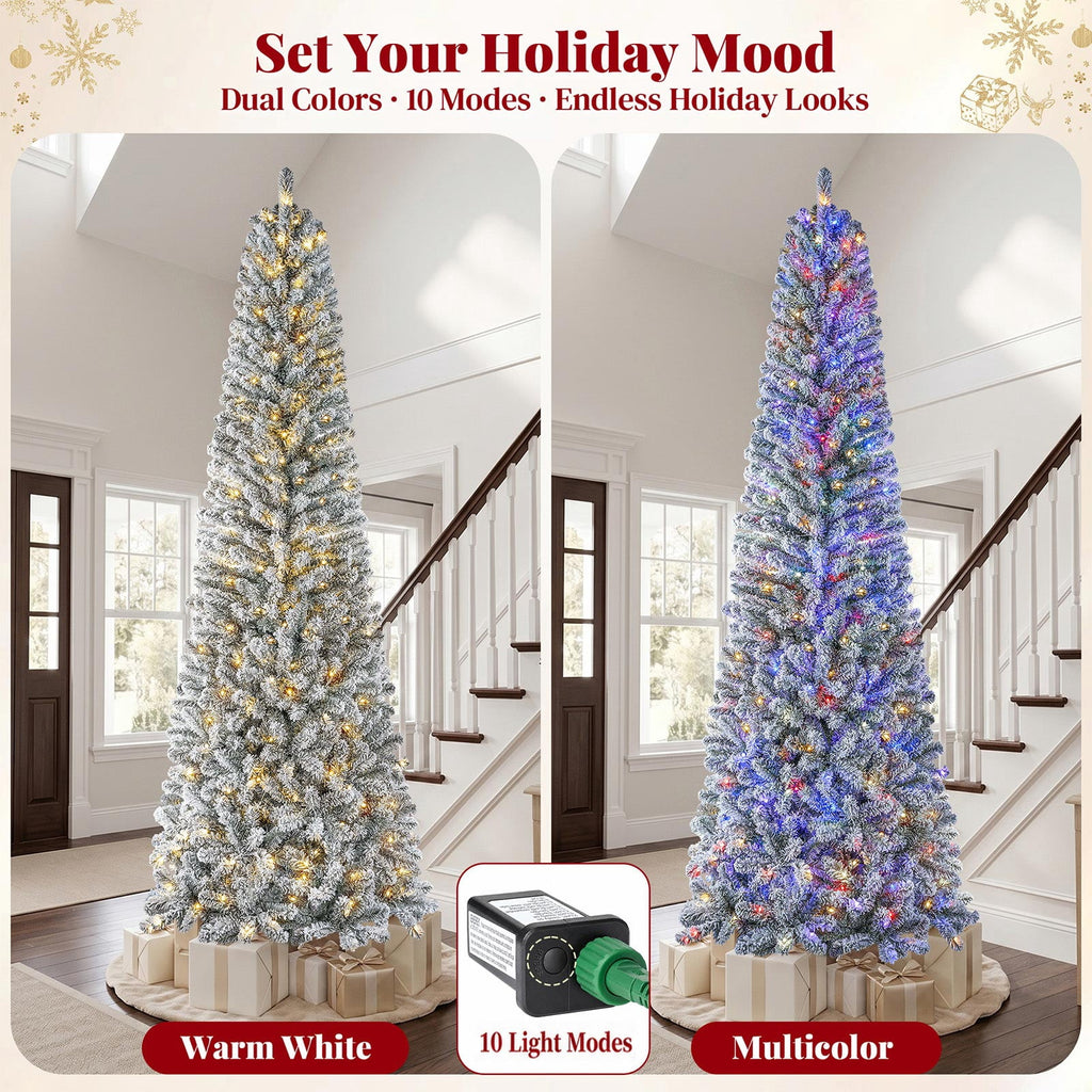 Goosiay 7ft Snow Flocked Pencil Christmas Tree, Pre-Lit Artificial Christmas Tree with 640 Tips,300 Warm White & Multicolor Lights, 10 Modes, Slim Xmas Tree with Stand