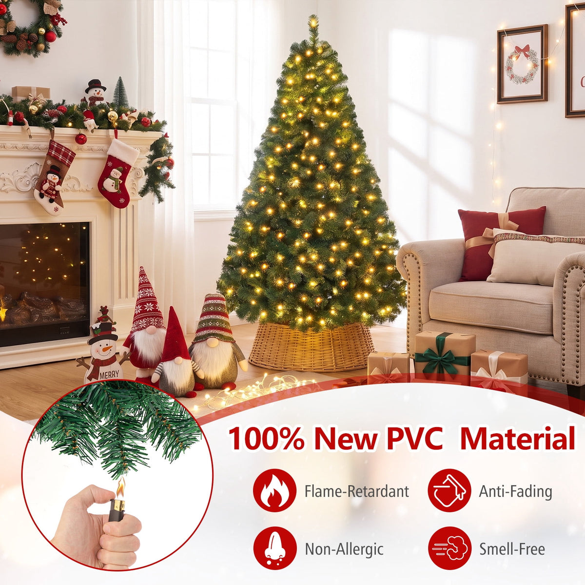 Costway 7Ft Pre-Lit PVC Hinged Christmas Tree 300 LED Lights Green