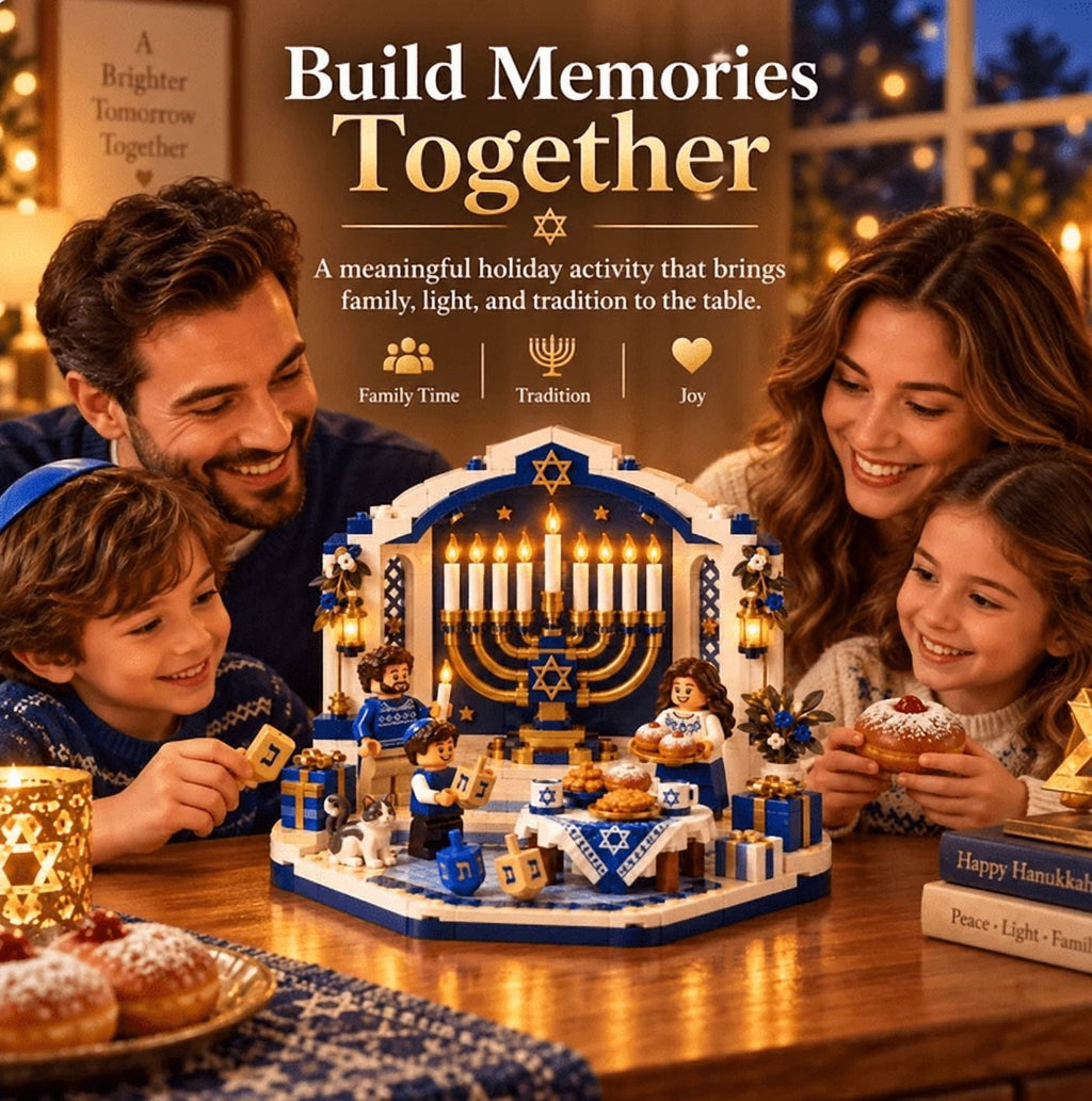 Hanukkah Family Light Building Block Display Set, Lighted Buildable Holiday Decor with Detailed Mini Figures, Seasonal Symbols and Tabletop Display Design, Hanukkah Family